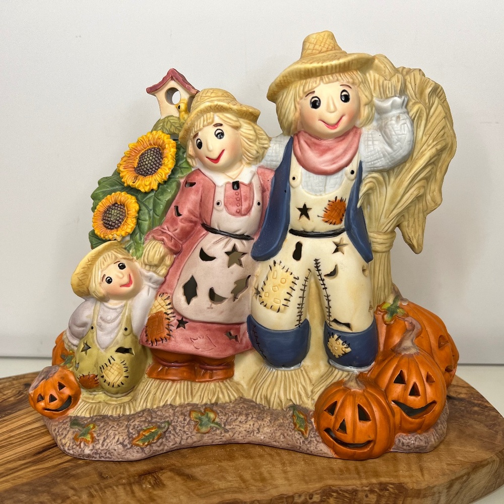 Scarecrow Family PartyLite Vintage Candle Holder Pumpkins Halloween Fall -EUC